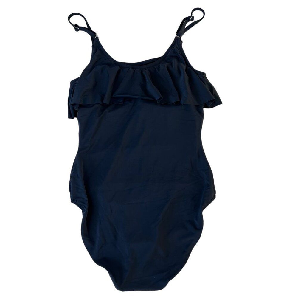 Garnet Hill Ruffle One‎ Piece Swimsuit Women Sz 6 Black Modest Minimalist Beach